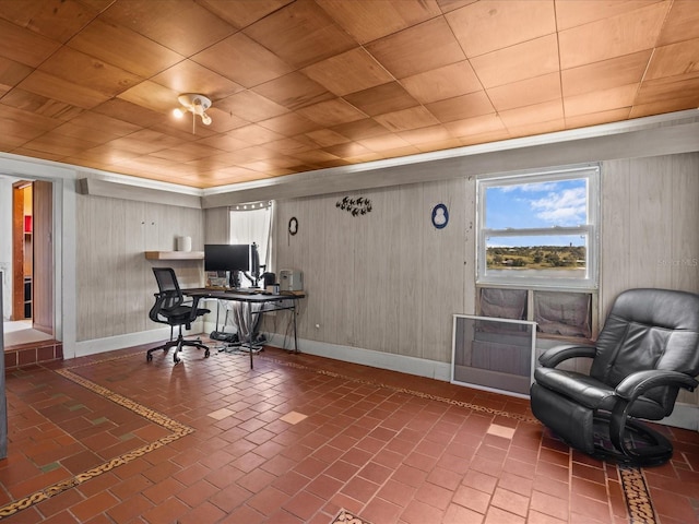 office featuring wood walls and wooden ceiling