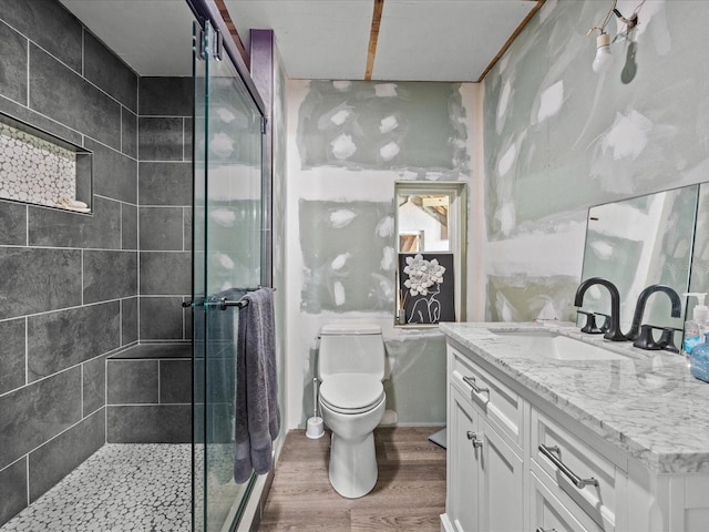 bathroom featuring vanity, hardwood / wood-style flooring, toilet, and a shower with door