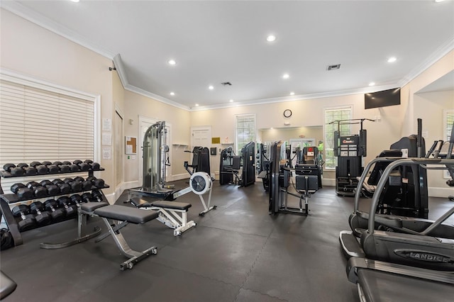 workout area with ornamental molding