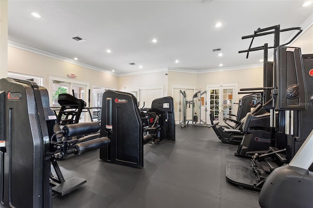 gym with ornamental molding, a wealth of natural light, and french doors