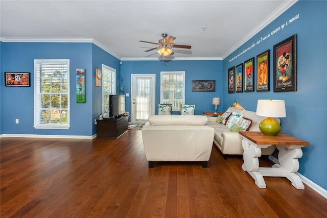 living room with ceiling fan, dark hardwood / wood-style flooring, and crown molding