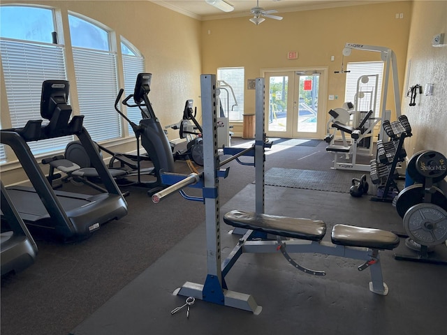 gym with a wealth of natural light, crown molding, french doors, and ceiling fan