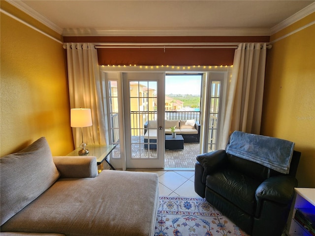 interior space with tile patterned floors, french doors, ornamental molding, and a textured wall