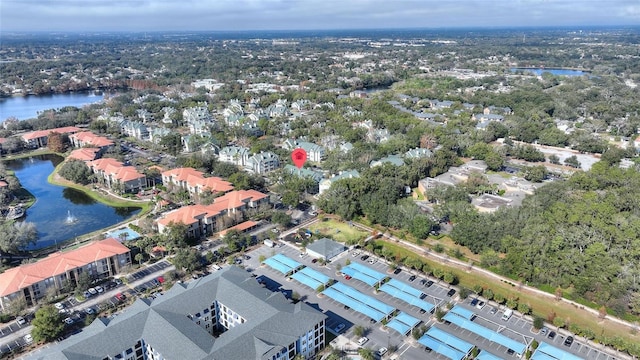 drone / aerial view with a water view