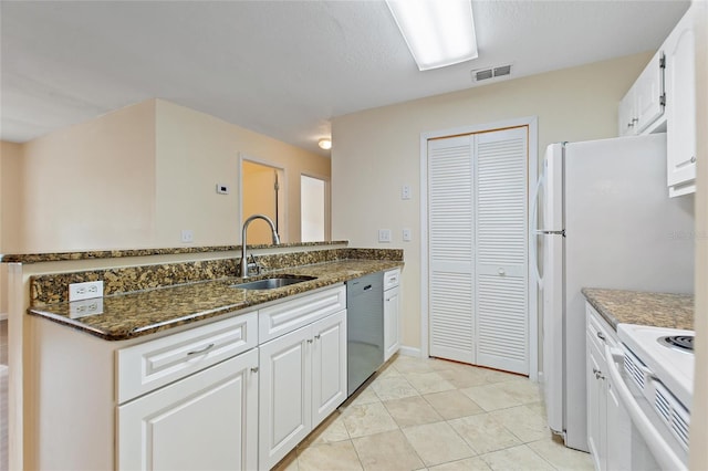 kitchen with white cabinetry, sink, white electric range, stainless steel dishwasher, and dark stone counters