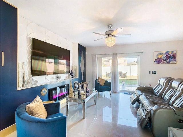 tiled living room featuring ceiling fan