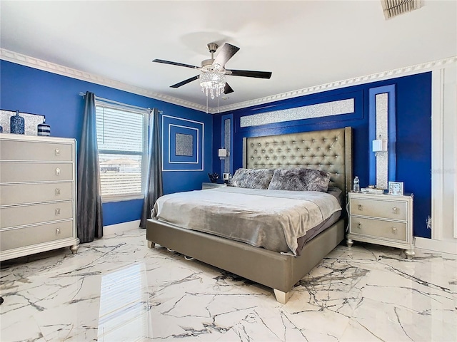 bedroom featuring ceiling fan and ornamental molding