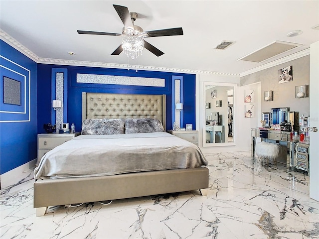 bedroom with ceiling fan and ornamental molding