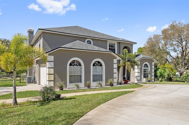 view of front facade with concrete driveway, a front lawn, an attached garage, and stucco siding