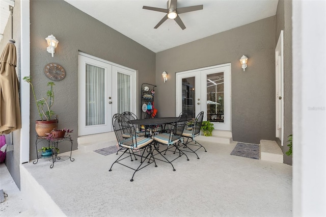 view of patio / terrace featuring ceiling fan, outdoor dining area, and french doors