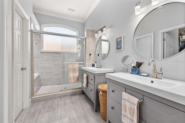 bathroom featuring vanity, walk in shower, and crown molding