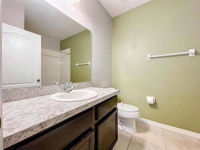 bathroom with tile patterned floors, walk in shower, vanity, and toilet