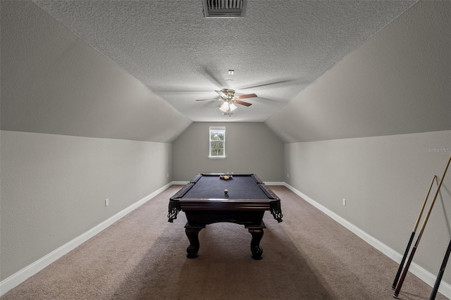 recreation room featuring ceiling fan, carpet, lofted ceiling, and billiards