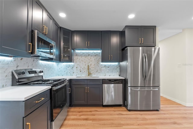 kitchen with decorative backsplash, appliances with stainless steel finishes, light wood-type flooring, and sink