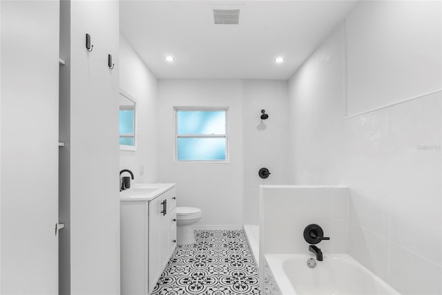 full bathroom with tile patterned flooring, vanity, toilet, and plus walk in shower