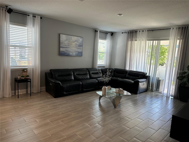 living area with light wood-type flooring, plenty of natural light, and a textured ceiling