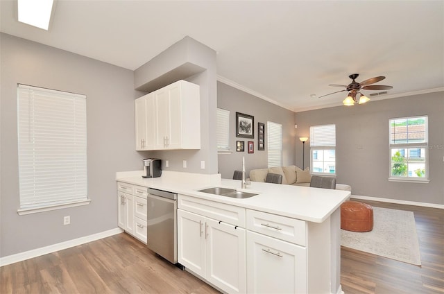 kitchen featuring kitchen peninsula, sink, stainless steel dishwasher, ceiling fan, and white cabinetry