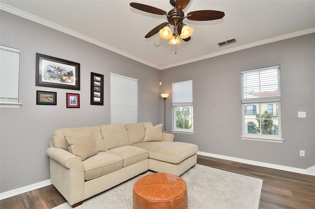 living room featuring dark hardwood / wood-style floors, a healthy amount of sunlight, and ornamental molding