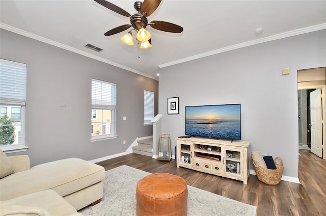 living room with ceiling fan, ornamental molding, and dark wood-type flooring