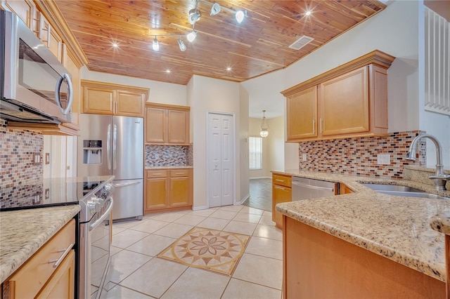 kitchen with backsplash, sink, light stone countertops, appliances with stainless steel finishes, and wood ceiling