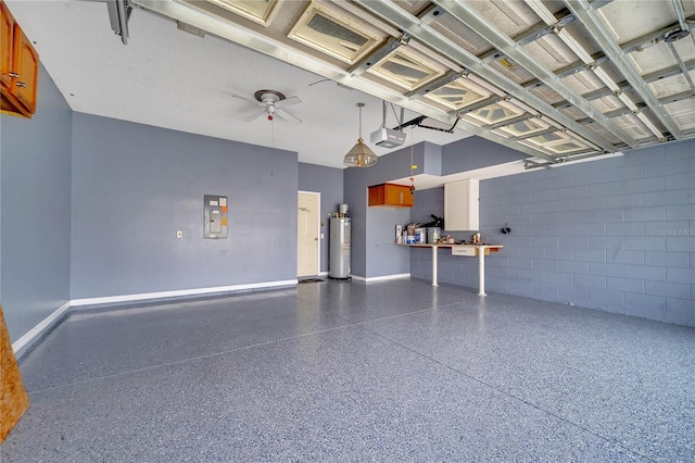 garage featuring electric panel, water heater, ceiling fan, and a garage door opener