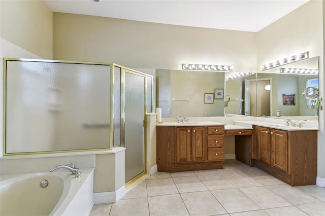 bathroom featuring tile patterned floors, vanity, and independent shower and bath