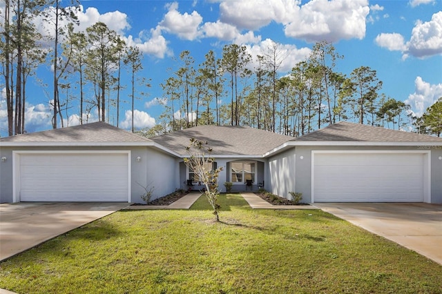 ranch-style house with a garage and a front lawn