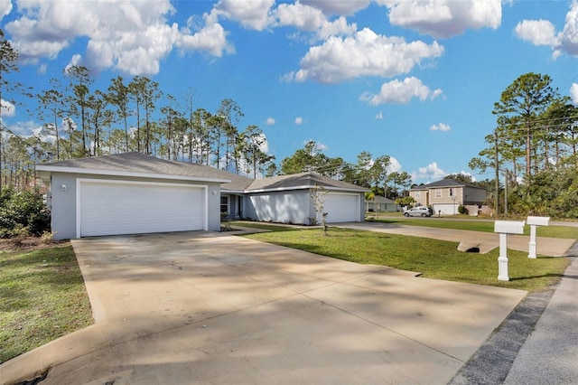 ranch-style home with a garage and a front lawn