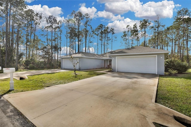 ranch-style home with a garage and a front lawn