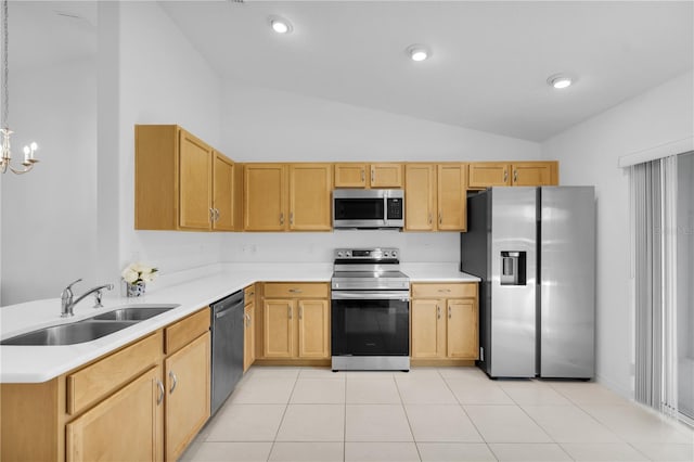 kitchen featuring sink, stainless steel appliances, a notable chandelier, light brown cabinetry, and light tile patterned floors