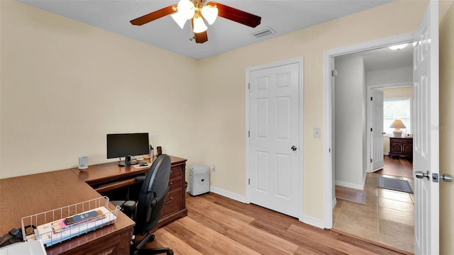 home office featuring ceiling fan and light hardwood / wood-style floors