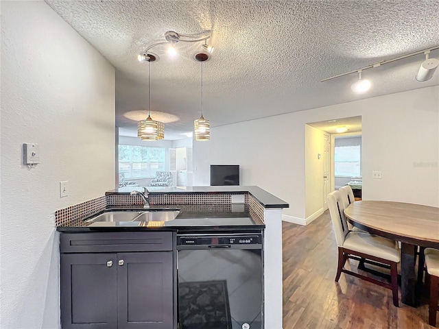 kitchen with kitchen peninsula, rail lighting, a textured ceiling, sink, and black dishwasher