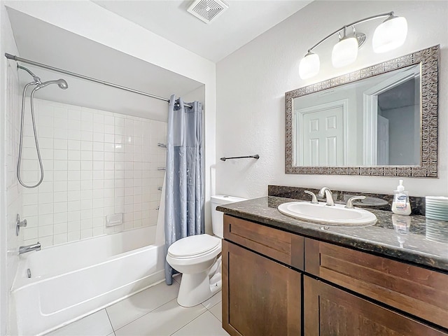 full bathroom featuring tile patterned floors, vanity, toilet, and shower / bathtub combination with curtain