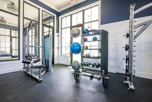 exercise room with crown molding