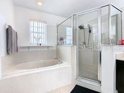 bathroom with shower with separate bathtub and vanity