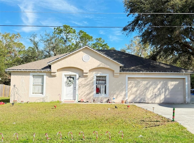 single story home with a garage and a front lawn