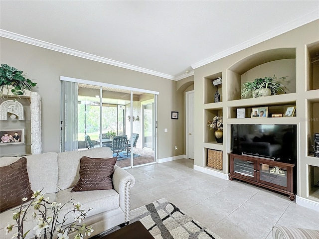 tiled living room featuring built in features and ornamental molding