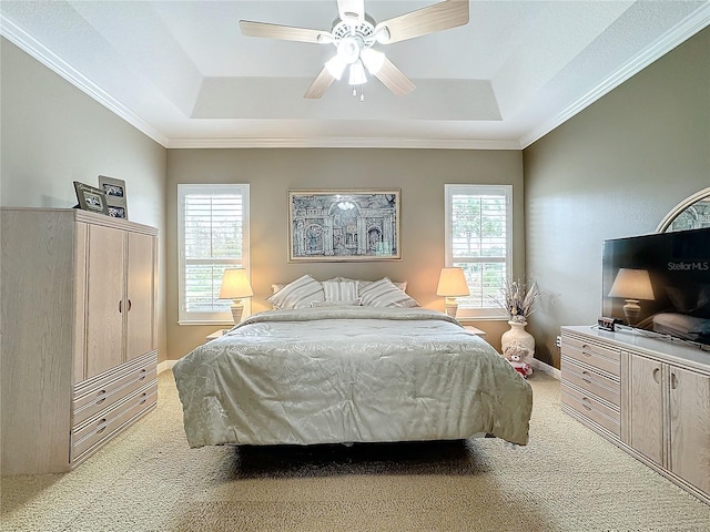 carpeted bedroom with a raised ceiling, ceiling fan, and crown molding