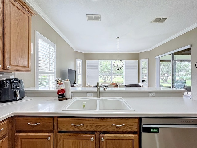 kitchen featuring an inviting chandelier, stainless steel dishwasher, plenty of natural light, and sink