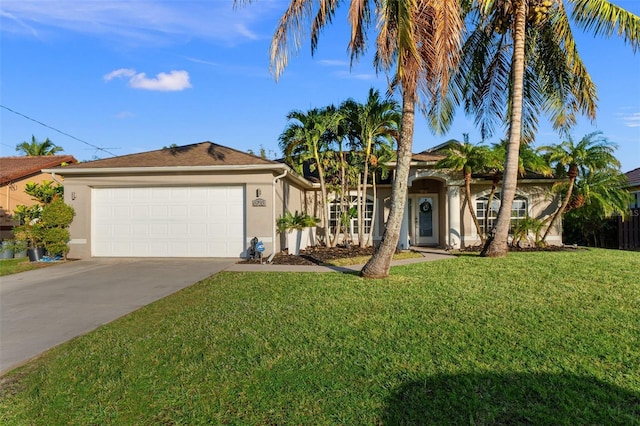 ranch-style house featuring a front yard and a garage