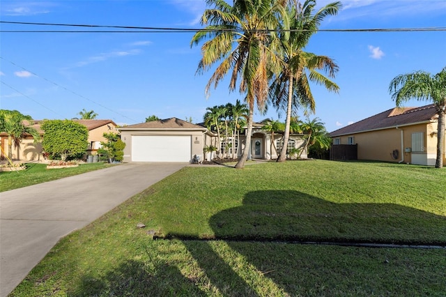 ranch-style home with a front lawn and a garage