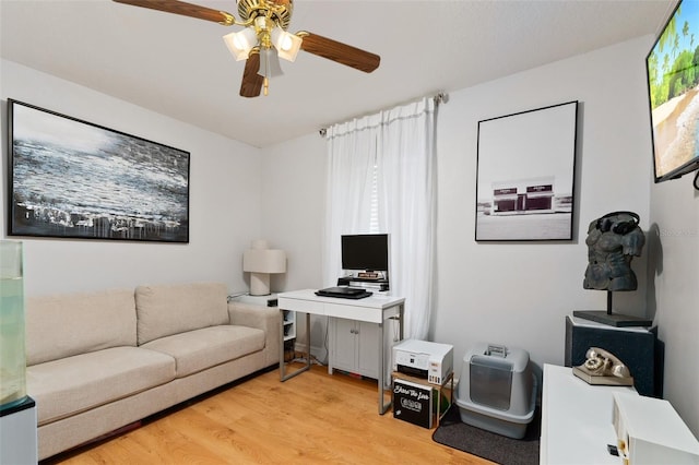 living room with ceiling fan and light hardwood / wood-style flooring