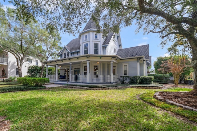 victorian-style house featuring a porch and a front lawn