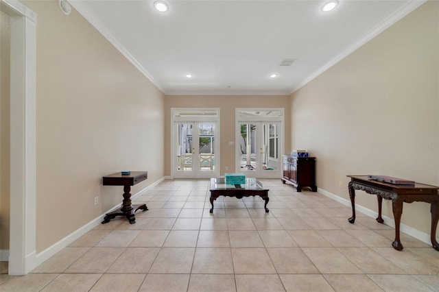 interior space with french doors, light tile patterned floors, and crown molding