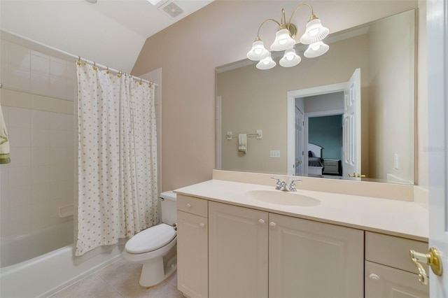 full bathroom with vanity, shower / bath combination with curtain, tile patterned flooring, toilet, and a notable chandelier