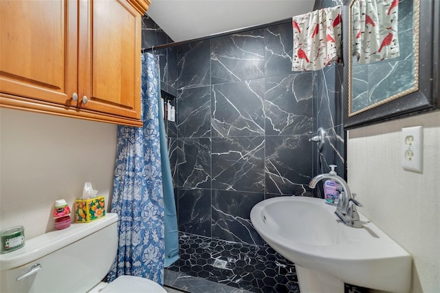 bathroom with sink, a shower with shower curtain, and toilet