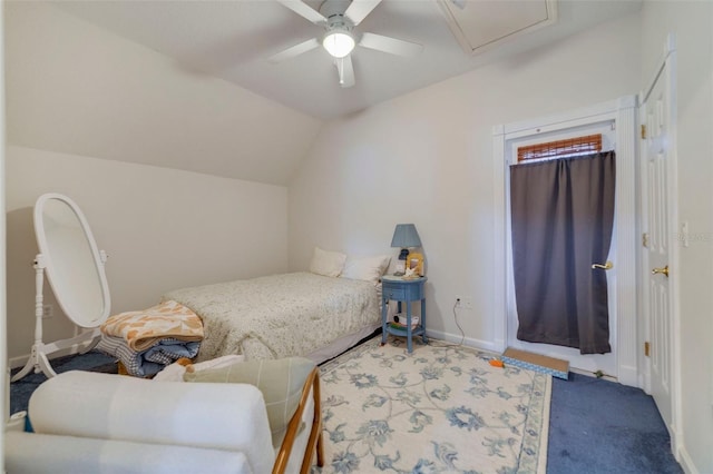 bedroom featuring carpet flooring, ceiling fan, and lofted ceiling