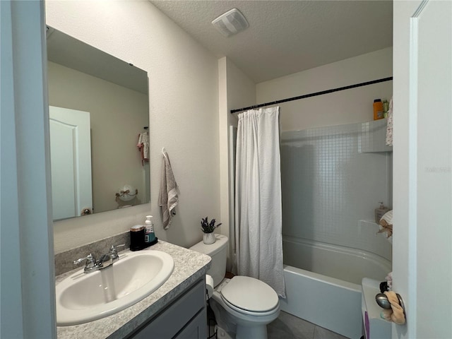 full bathroom with vanity, a textured ceiling, toilet, and shower / tub combo with curtain