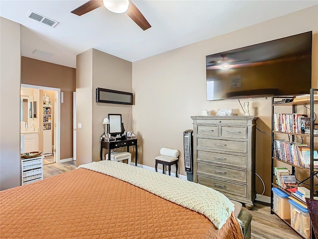 bedroom featuring ceiling fan and light wood-type flooring