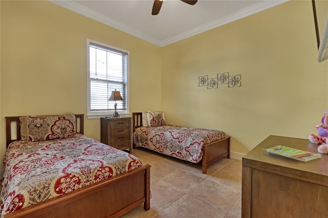 bedroom with ceiling fan, light tile patterned floors, and ornamental molding